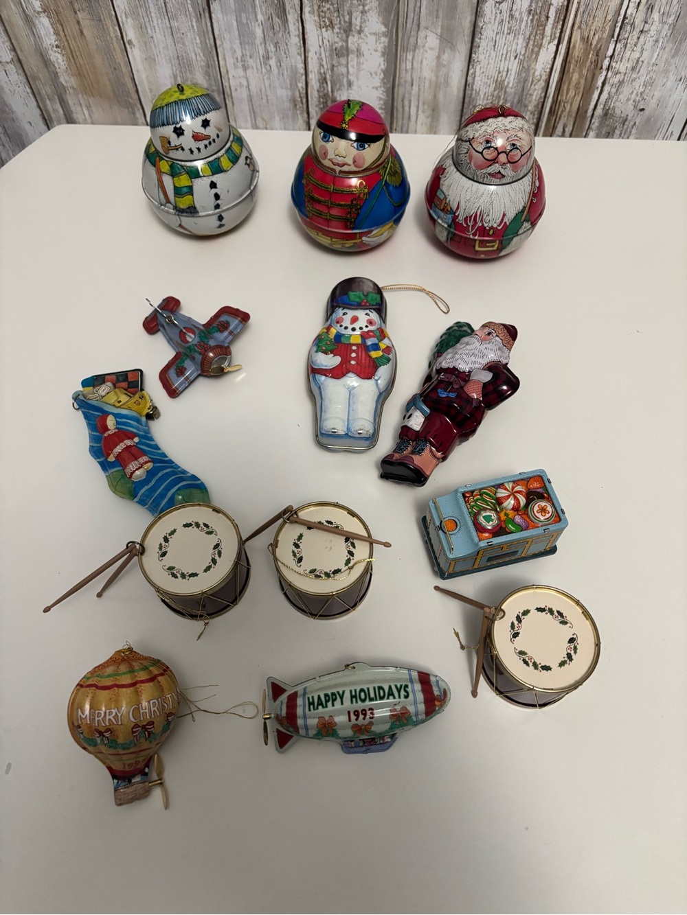 13 Holiday Christmas Tin Hallmark Santa snowman Ornaments Assortment -